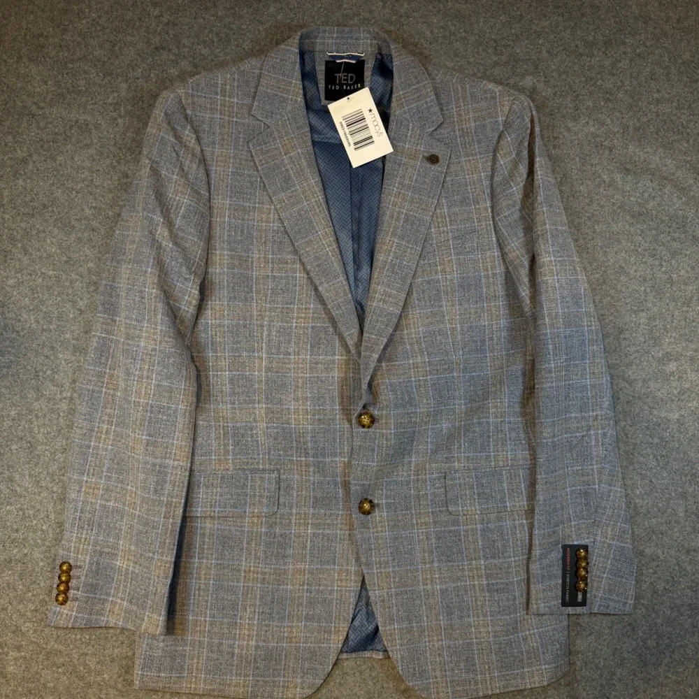 Ted Baker London Mens 42L Modern Fit Stretch Glen Plaid Blazer Blue Sport Coat